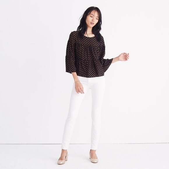 MADEWELL Silk Black Gold Heart Flip Button Back Tiered Top Blouse X-Small - Picture 5 of 16